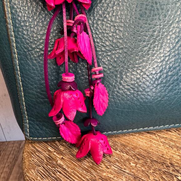 Bright Pink Dahlia Leather Flower Purse Charm Genuine Leather Pink Bag Charm - Picture 4 of 5